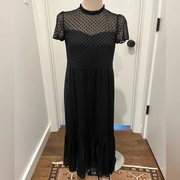 ZARA Black Flocked Swiss Dot Shirt Sleeve Flowy Midi Dress - Picture 3 of 14